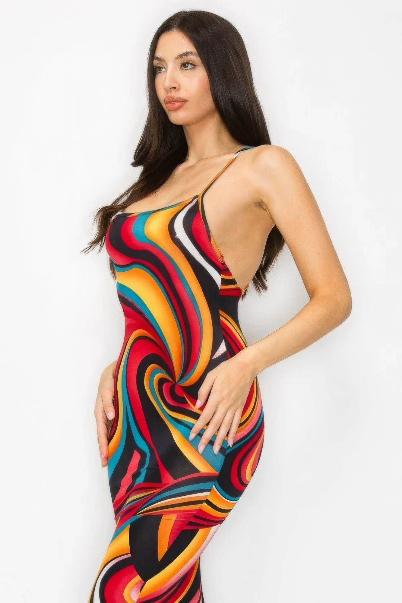 Crossed Back Marble Print Multicolor Midi Dress - Pikemla