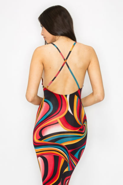 Crossed Back Marble Print Multicolor Midi Dress - Pikemla