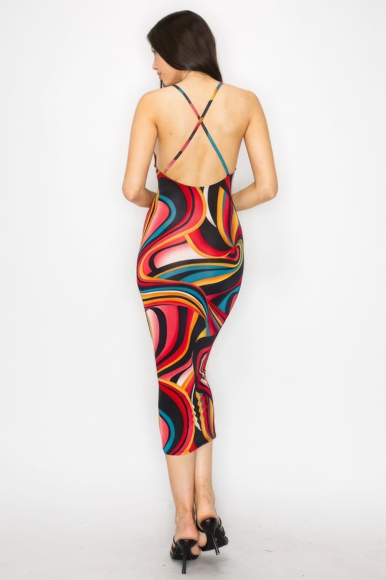 Crossed Back Marble Print Multicolor Midi Dress - Pikemla