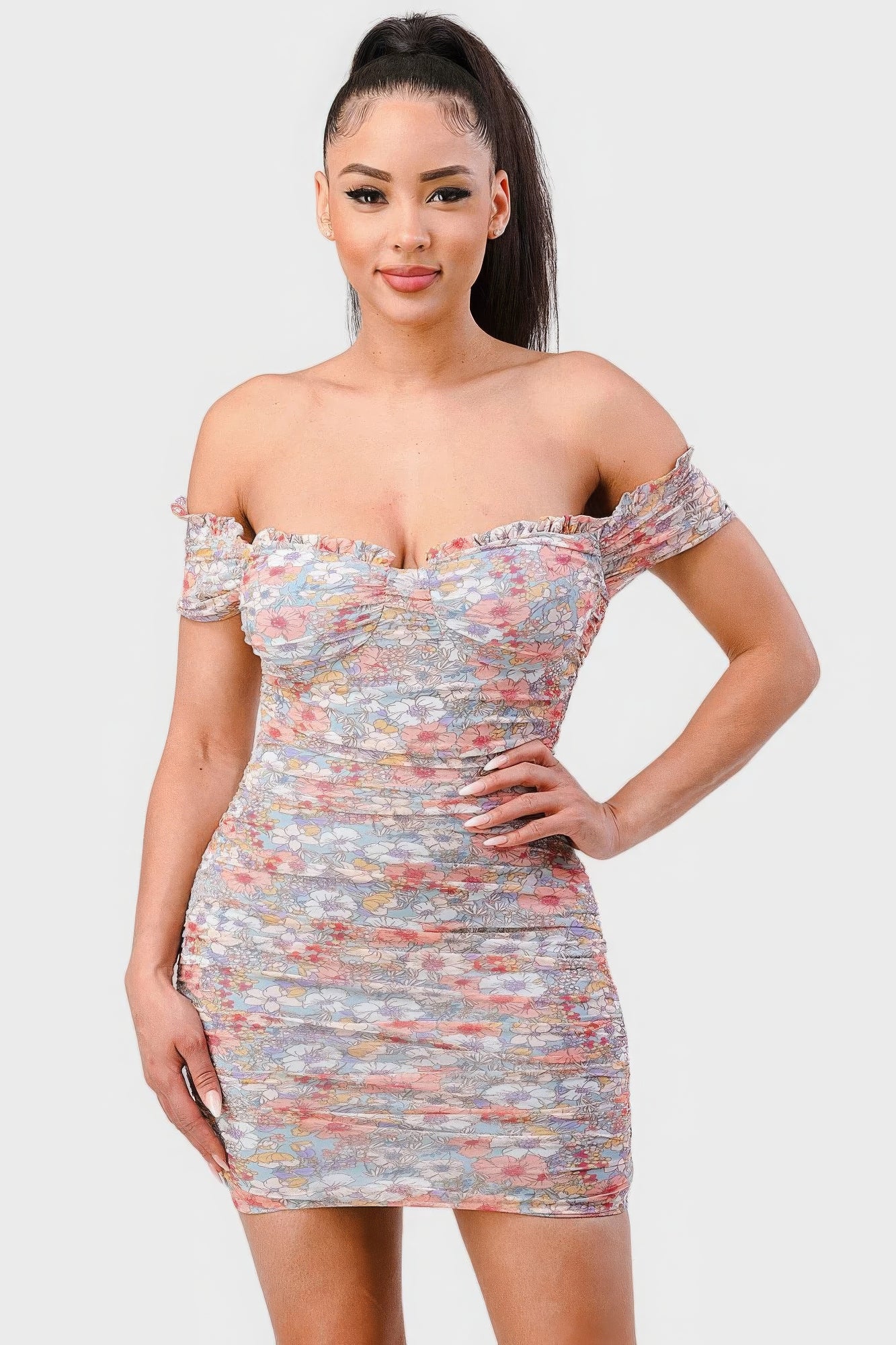 Floral Print Mesh Sweetheart Ruffled Off Shoulder Ruched Mini Dress - Pikemla