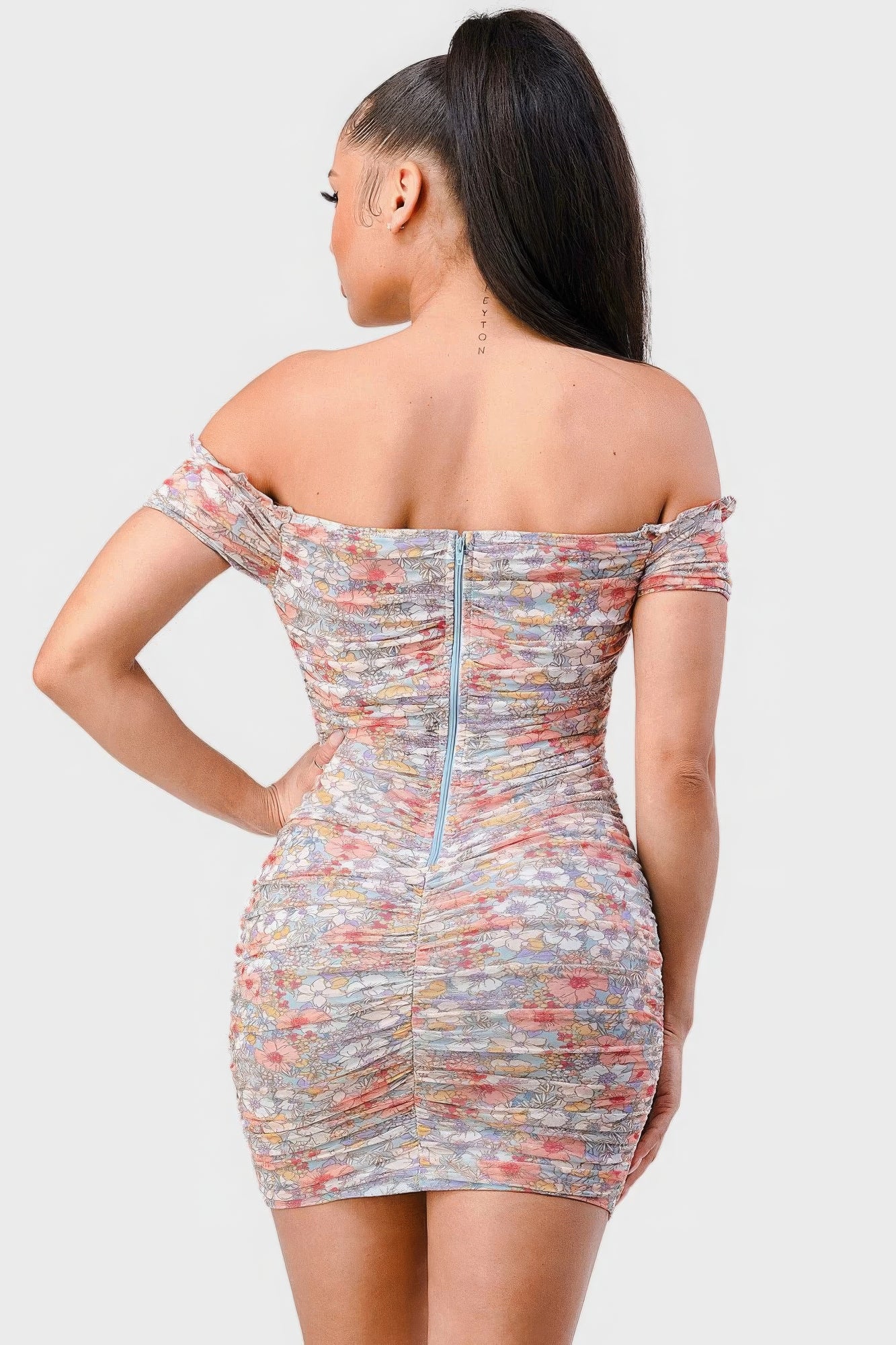 Floral Mesh Sweetheart Ruffled Off-Shoulder Ruched Mini Dress - Pikemla