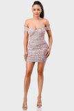 Floral Mesh Sweetheart Ruffled Off-Shoulder Ruched Mini Dress - Pikemla
