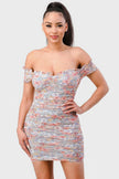 Floral Mesh Sweetheart Ruffled Off-Shoulder Ruched Mini Dress - Pikemla