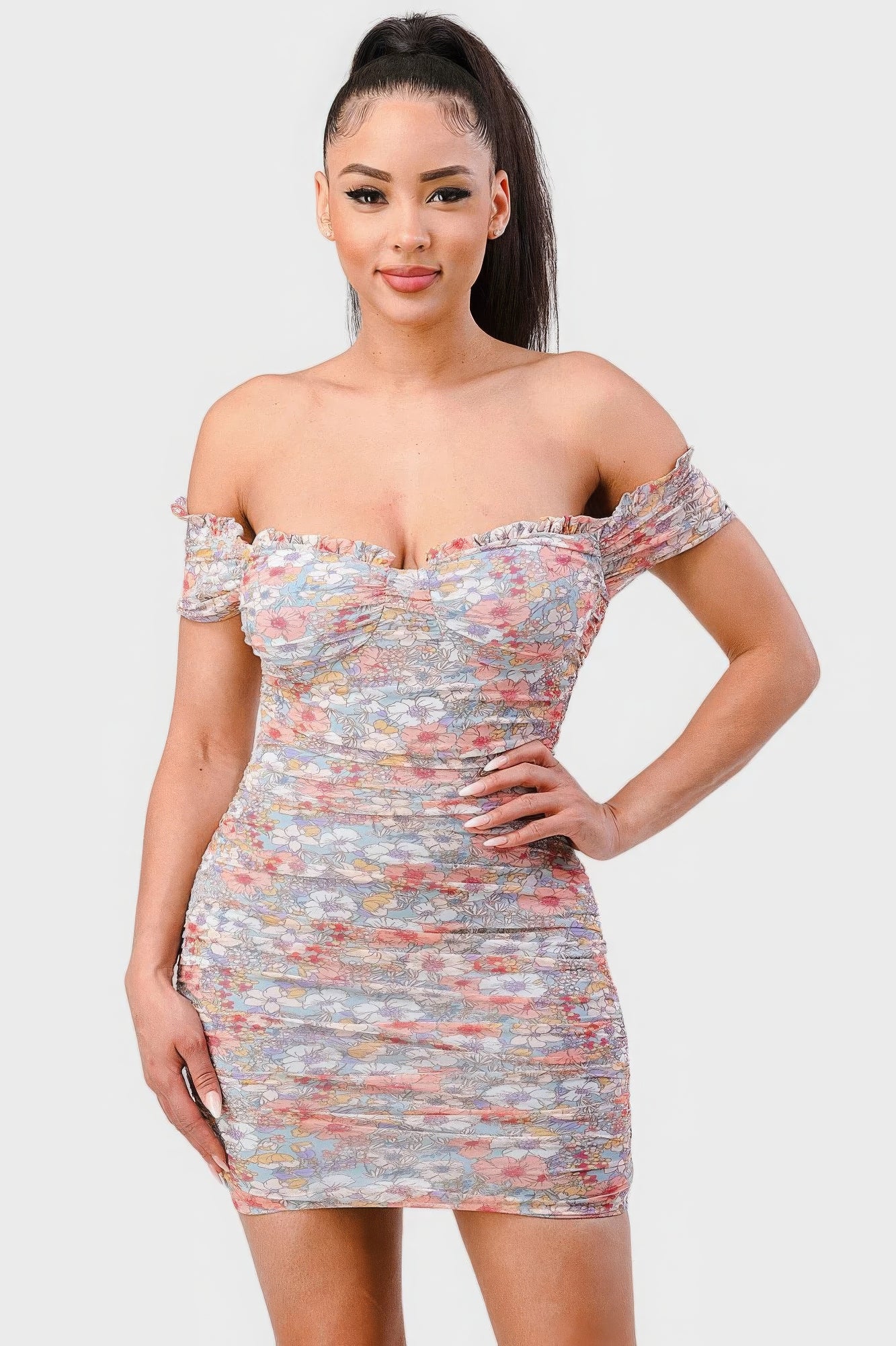 Floral Mesh Sweetheart Ruffled Off-Shoulder Ruched Mini Dress - Pikemla