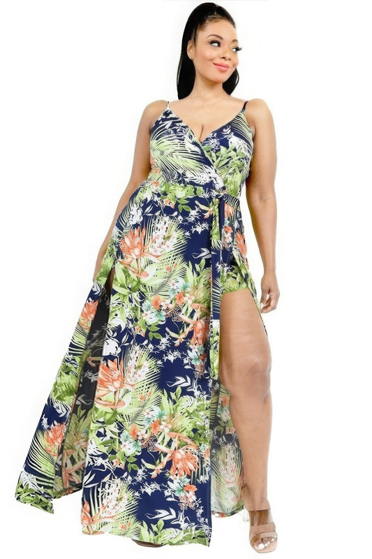 Plus Tropical Leaf Print Surplice Maxi Dress - Pikemla