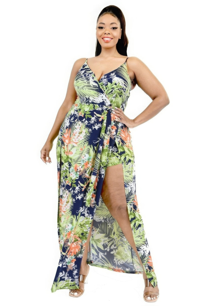 Plus Tropical Leaf Print Surplice Maxi Dress - Pikemla