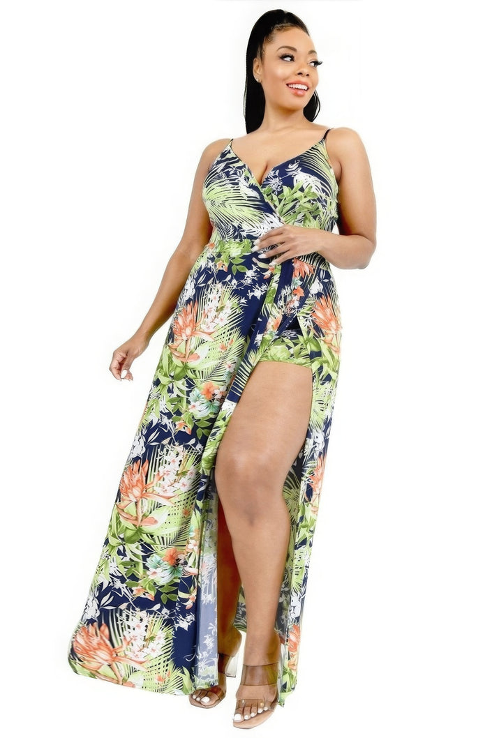 Plus Tropical Leaf Print Surplice Maxi Dress - Pikemla