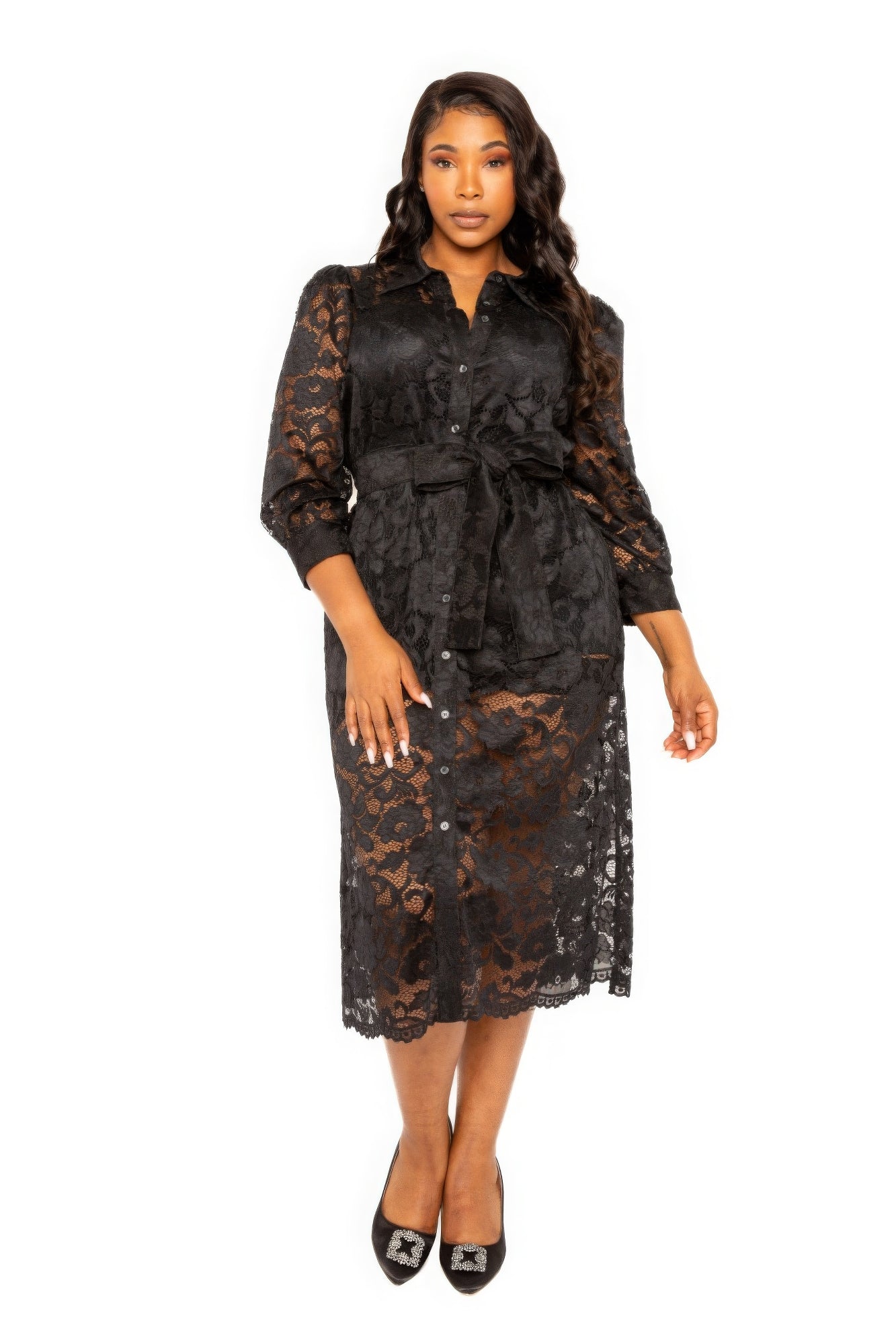 Belted Lace Shirt Dress - Pikemla