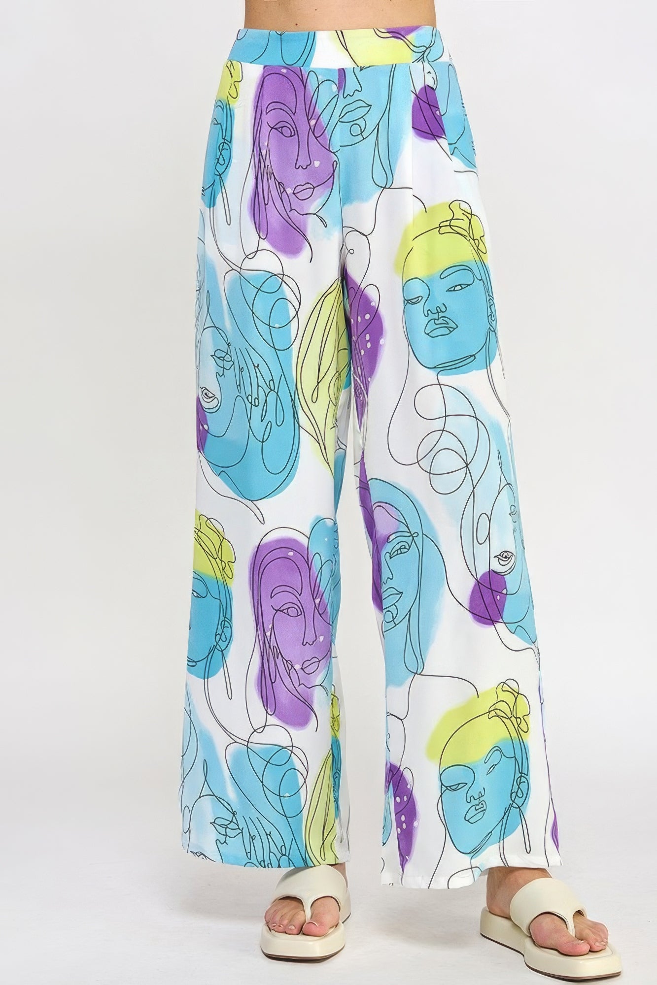 Printed Wide Leg Pant With Elastic Back - Pikemla