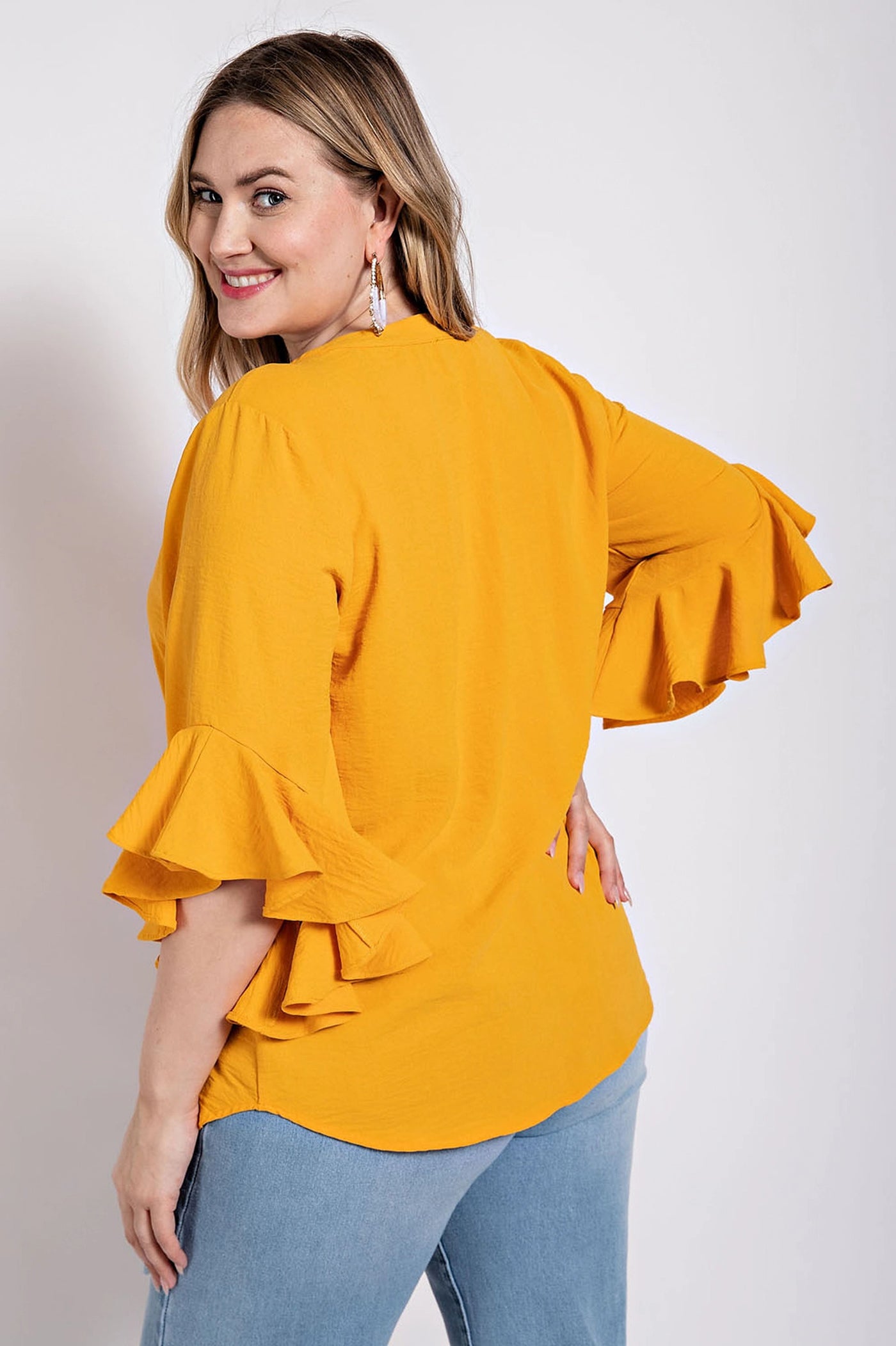 Ruffled Bell Sleeve And Front Pleated Detail Top - Pikemla