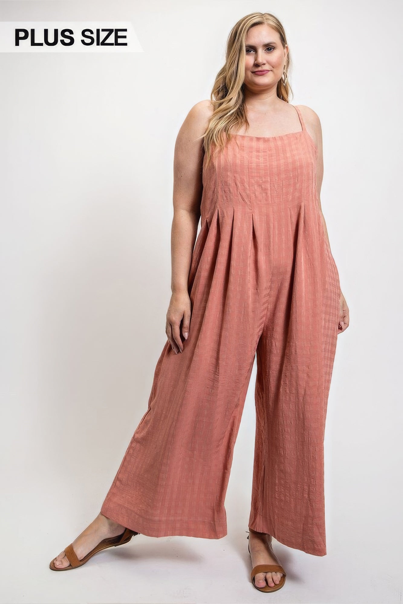 Texture Woven Sleeveless Jumpsuit With Side Button - Pikemla