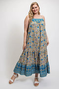 Floral And Aztec Print Drop Down Maxi Dress With Spaghetti Strap - Pikemla