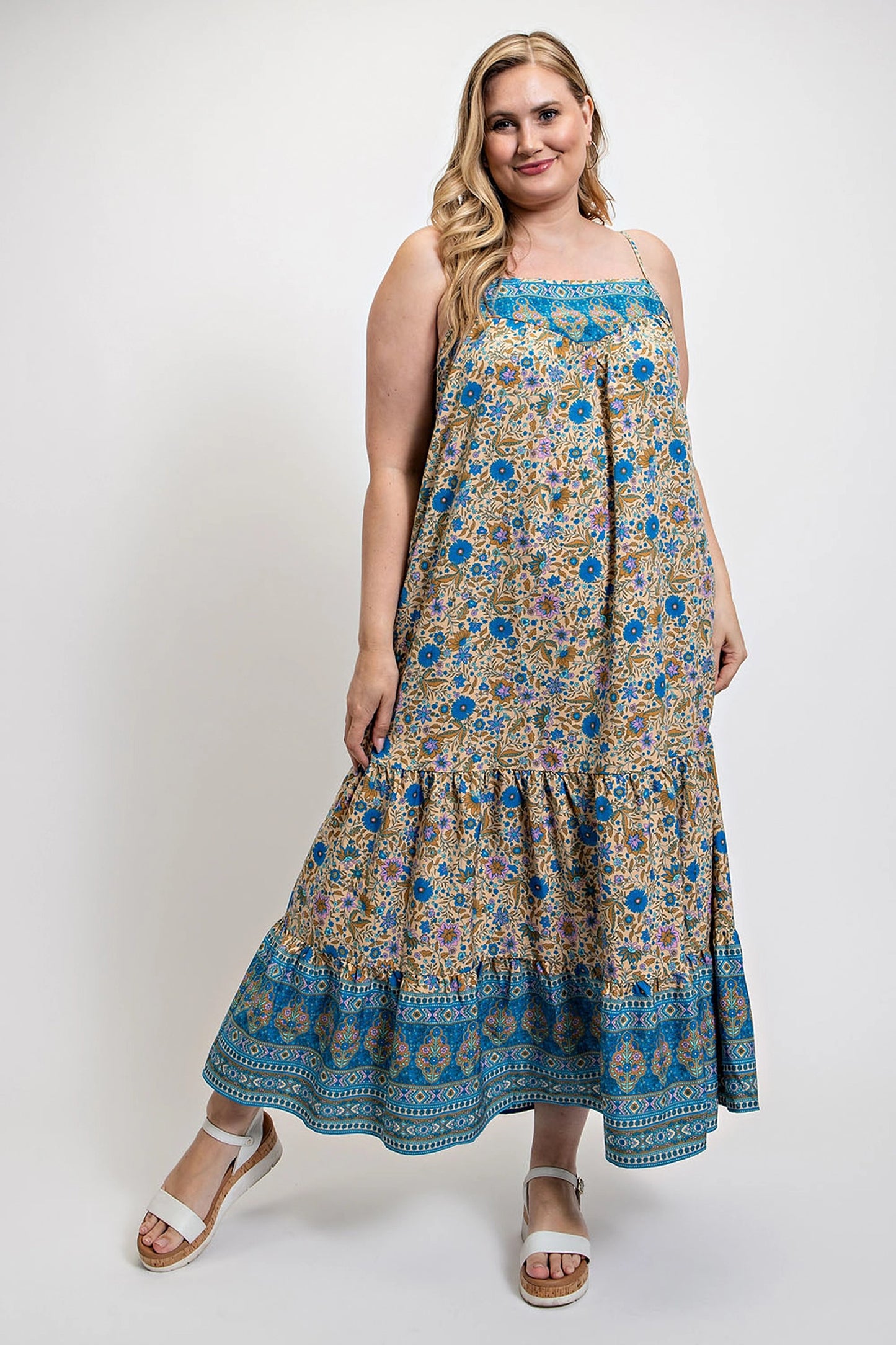 Floral And Aztec Print Drop Down Maxi Dress With Spaghetti Strap - Pikemla