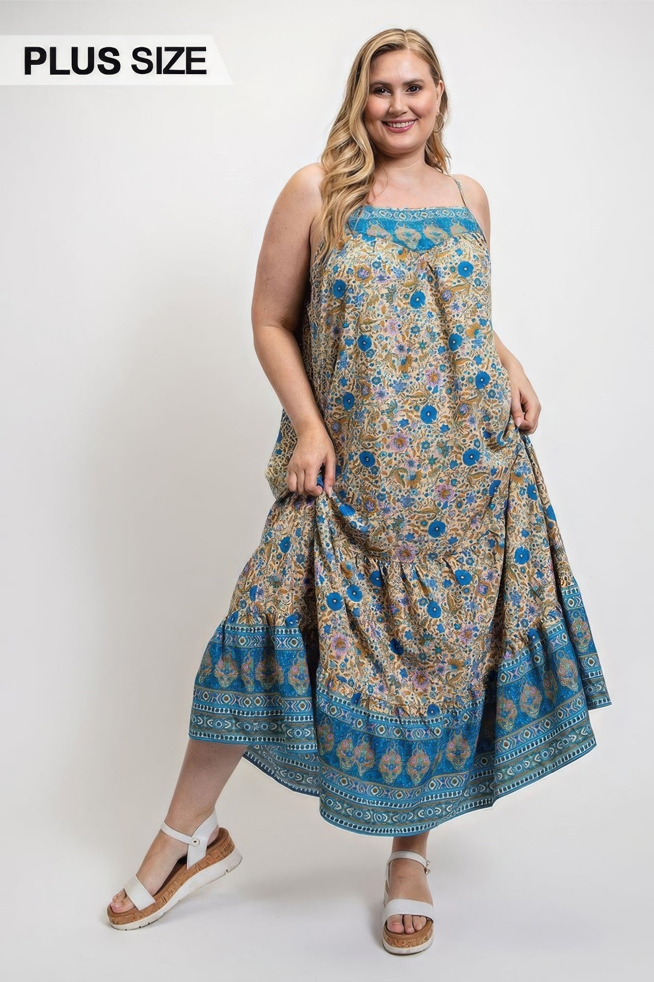 Floral And Aztec Print Drop Down Maxi Dress With Spaghetti Strap - Pikemla