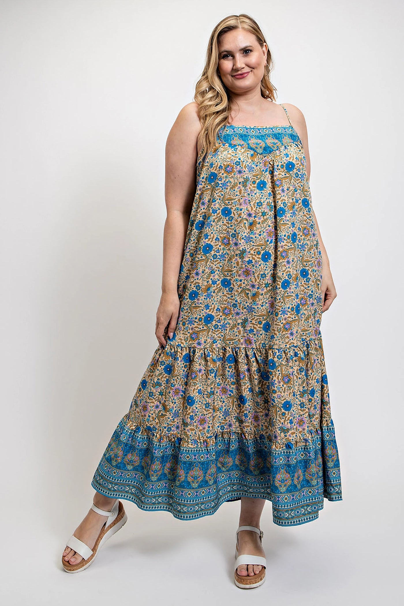 Floral And Aztec Print Drop Down Maxi Dress With Spaghetti Strap - Pikemla