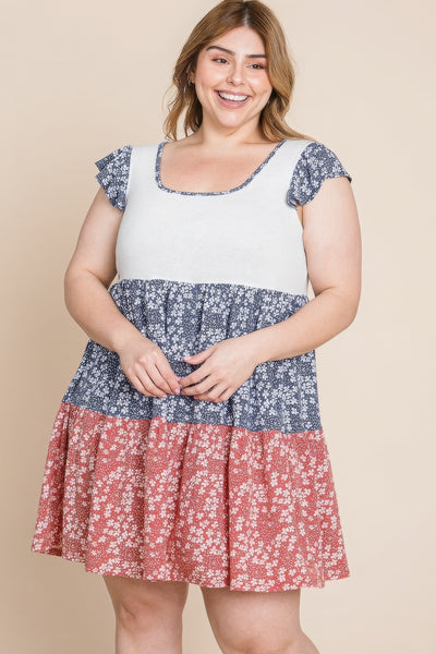 Plus Size Floral Color Block Contrast Tiered Babydoll Dress - Pikemla