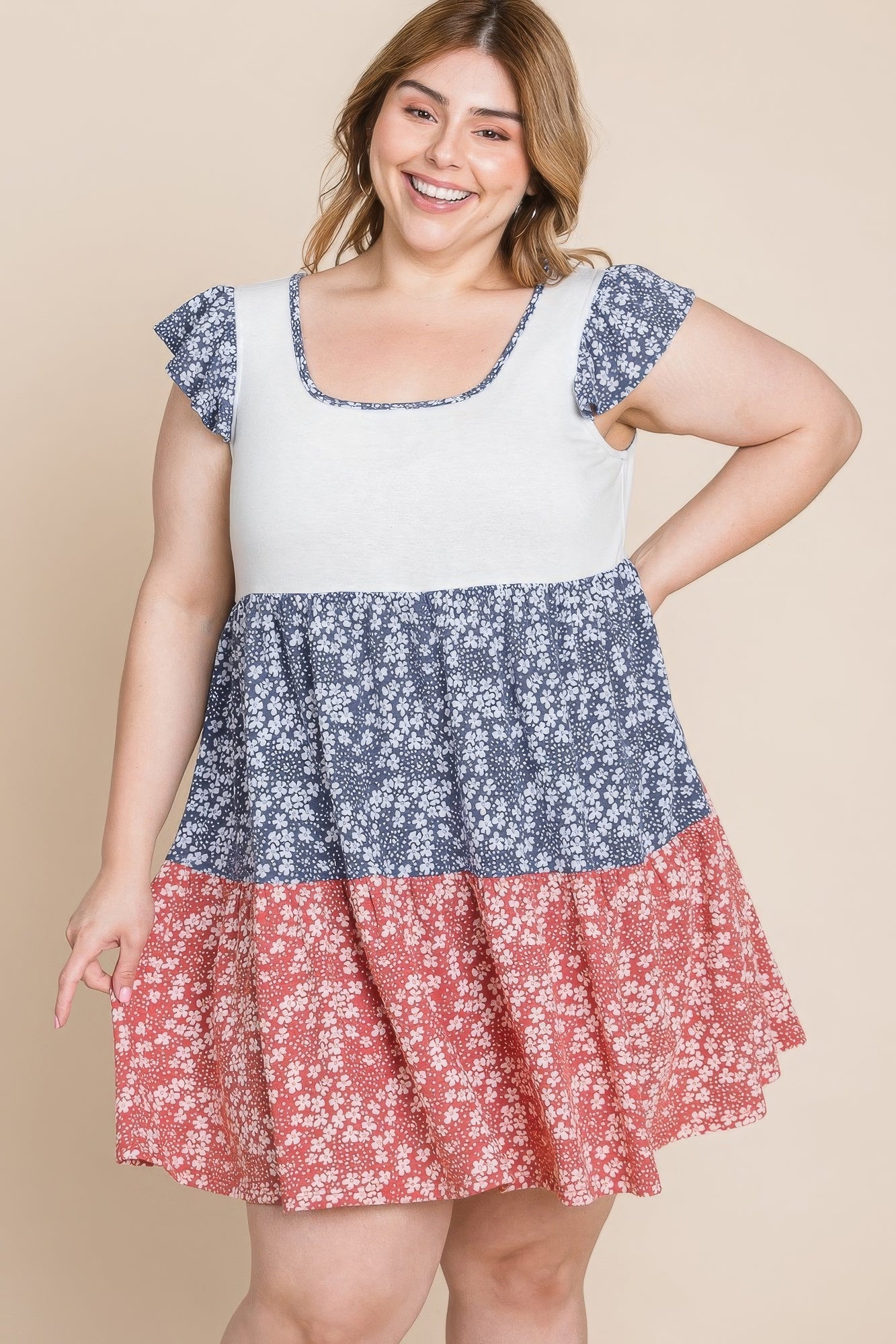 Plus Size Floral Color Block Contrast Tiered Babydoll Dress - Pikemla