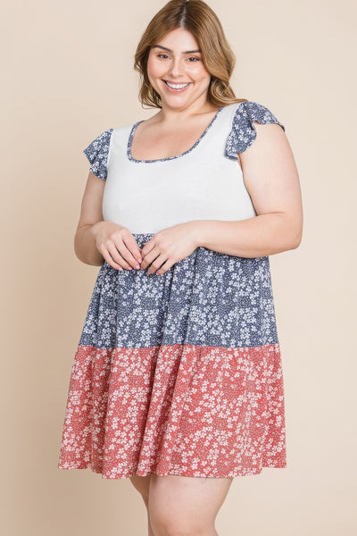 Plus Size Floral Color Block Contrast Tiered Babydoll Dress - Pikemla