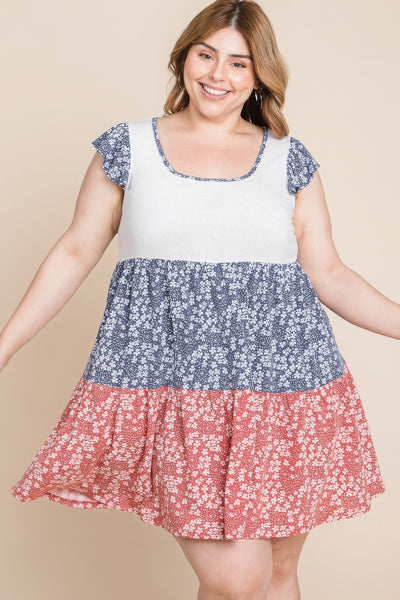 Plus Size Floral Color Block Contrast Tiered Babydoll Dress - Pikemla