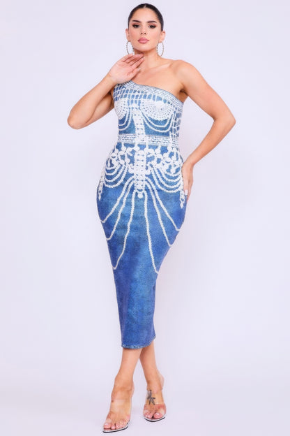 One Shoulder Denim Print Dress - Pikemla