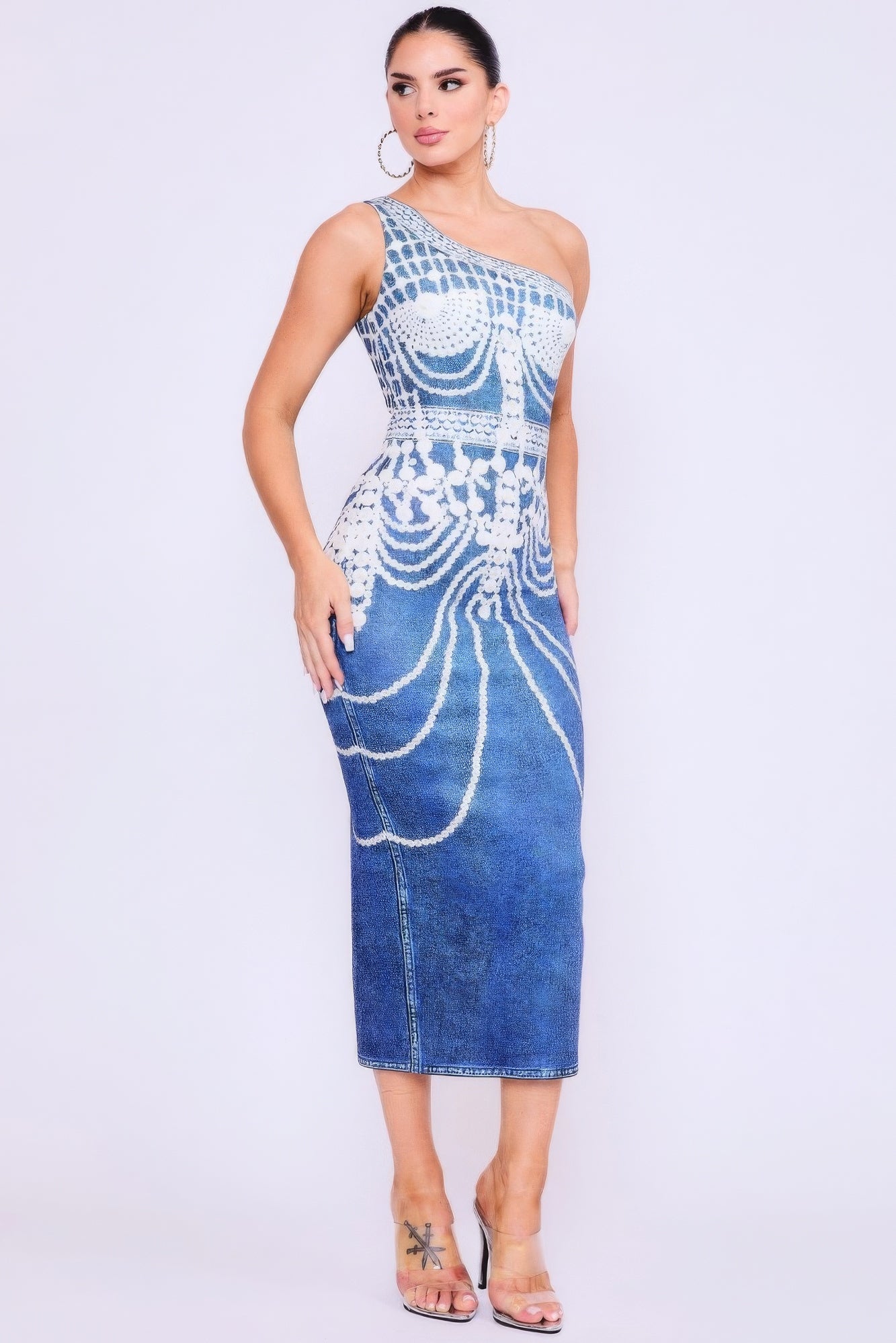 One Shoulder Denim Print Dress - Pikemla