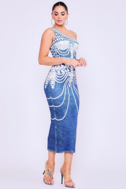 One Shoulder Denim Print Dress - Pikemla