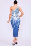 One Shoulder Denim Print Dress - Pikemla
