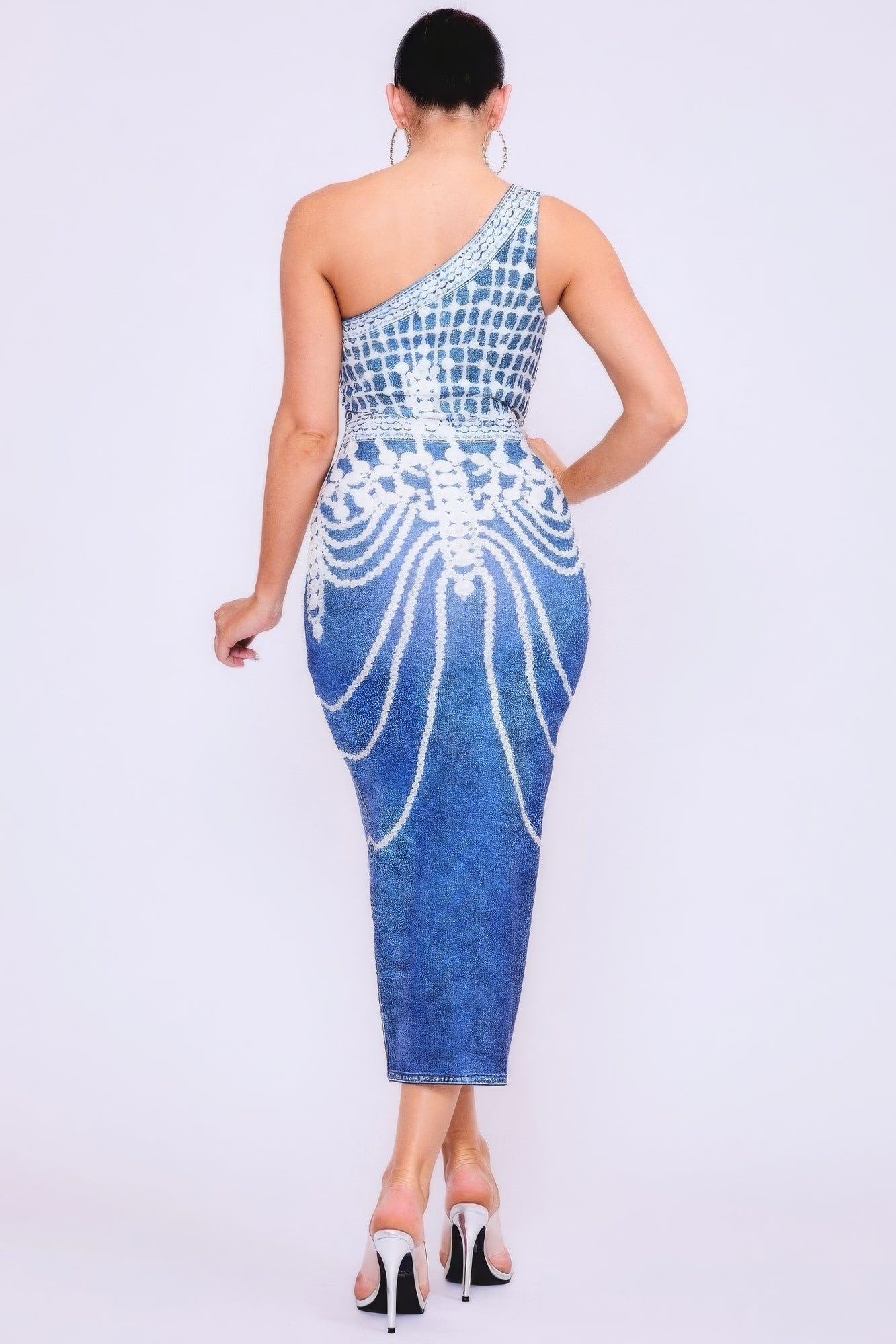 One Shoulder Denim Print Dress - Pikemla