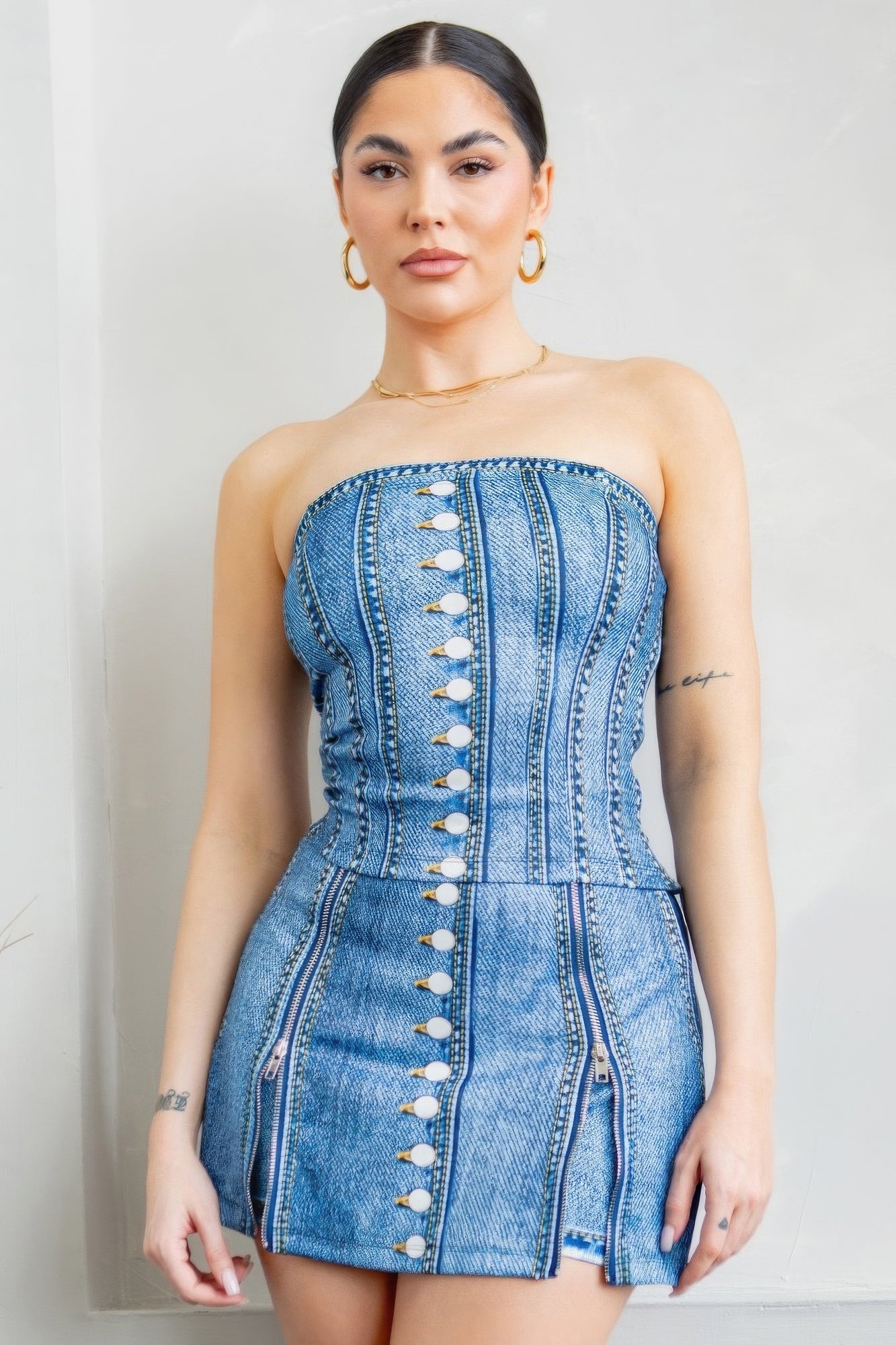 Denim Effect Corset Top & Bottom Set - Pikemla