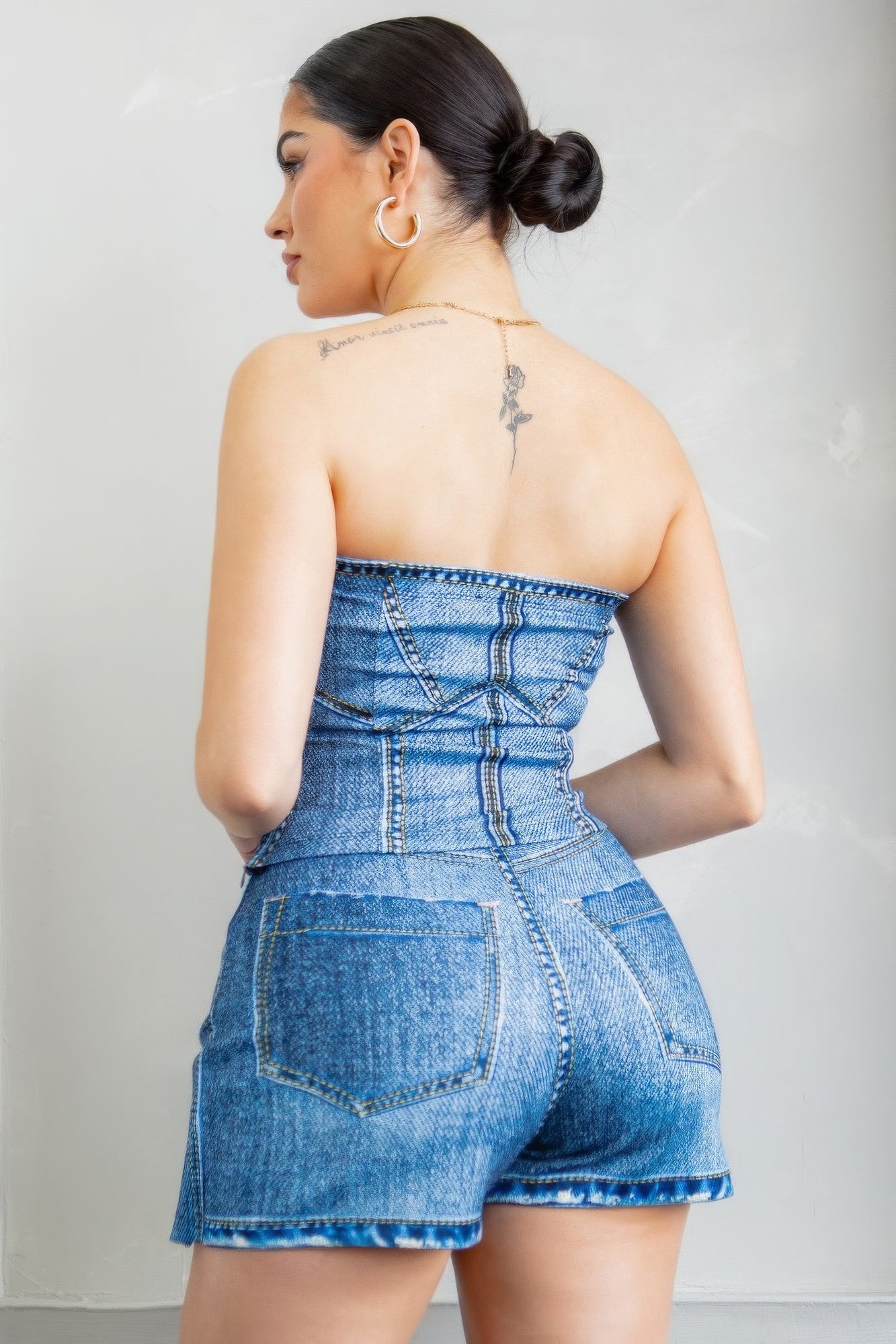 Denim Effect Corset Top & Bottom Set - Pikemla