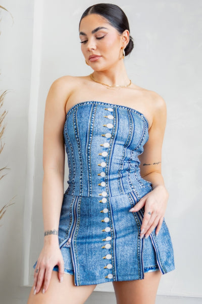 Denim Effect Corset Top & Bottom Set - Pikemla