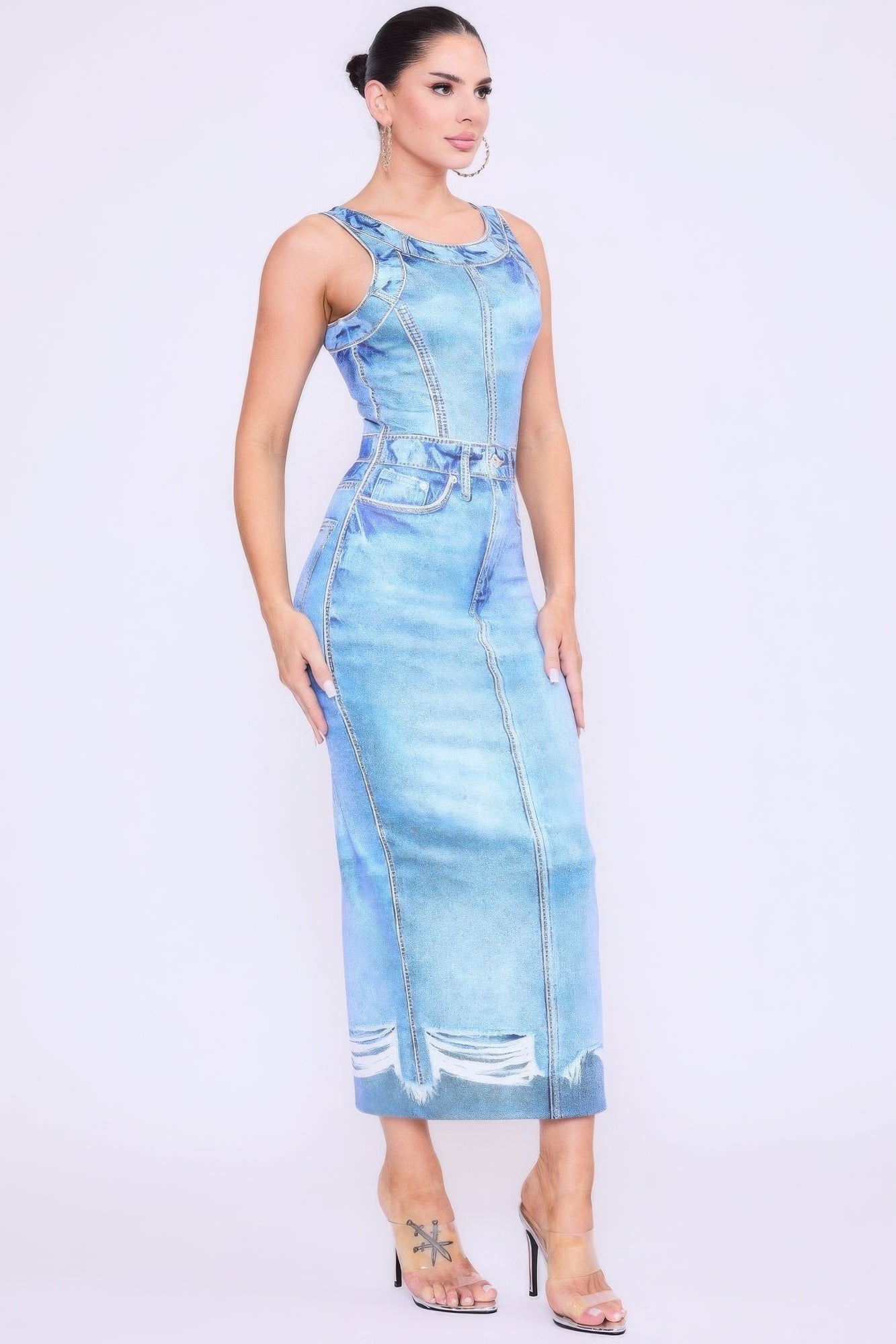 Denim Print Midi Dress - Pikemla