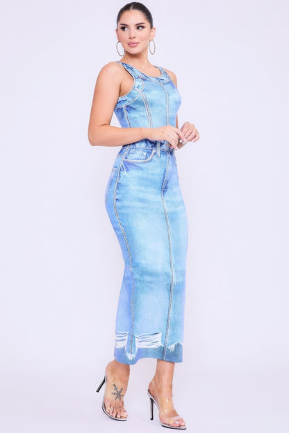 Denim Print Midi Dress - Pikemla