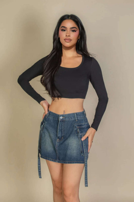 Solid Rib Knit Square Neck Long Sleeve Top - Pikemla