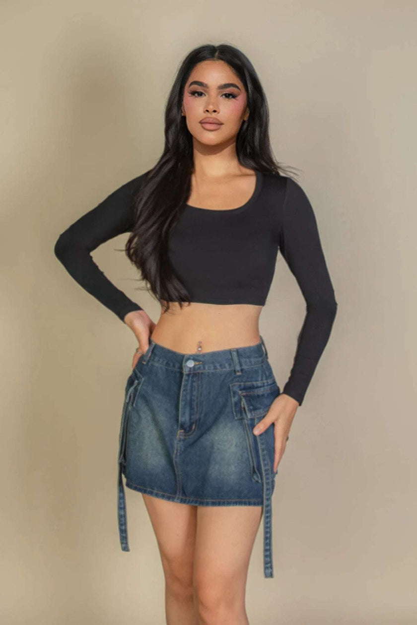 Solid Rib Knit Square Neck Long Sleeve Top - Pikemla