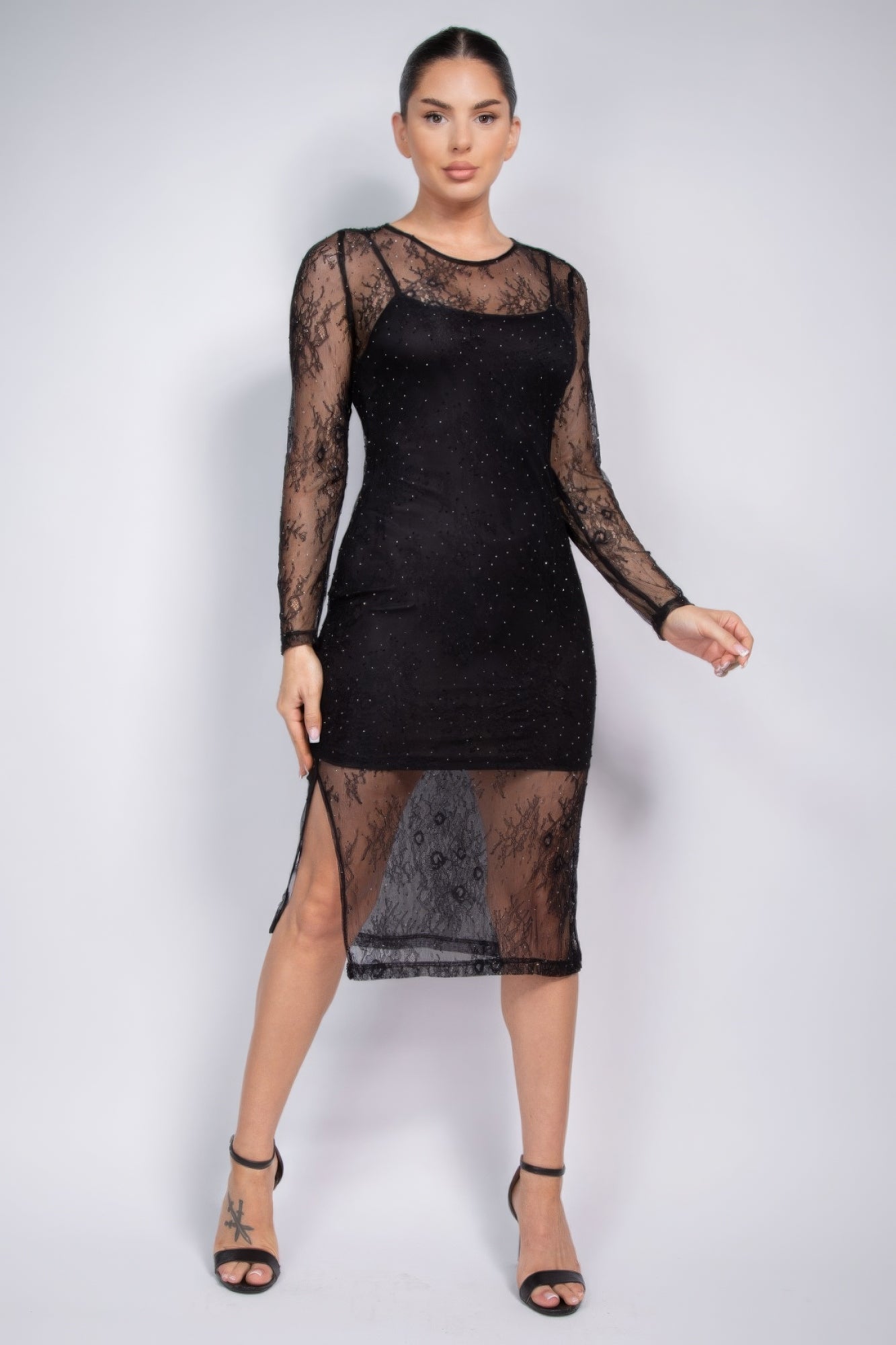 Lace Rhinestone-studded Slit Midi Dress - Pikemla