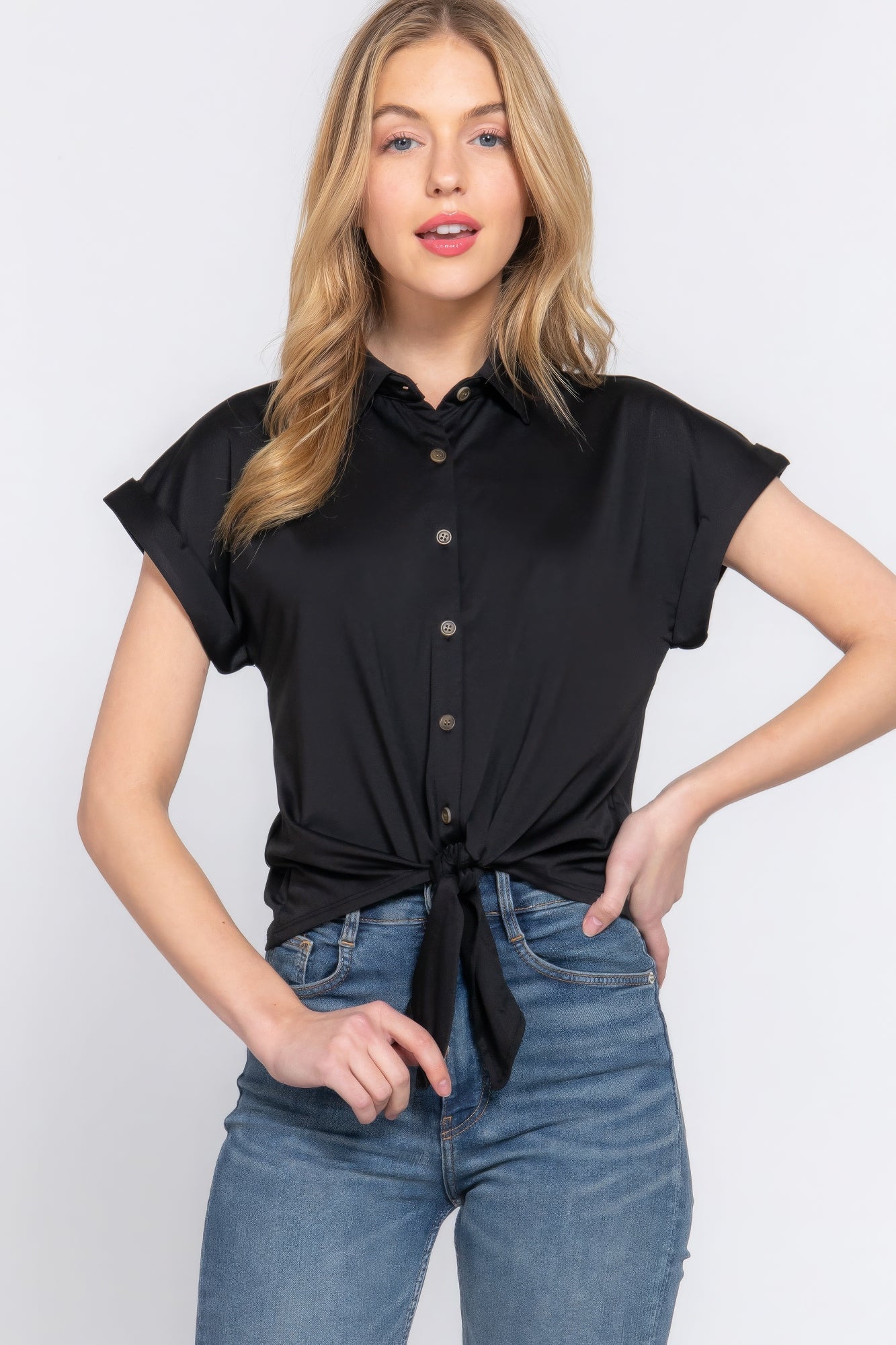 Short Slv Front Tie Stretch Ity Top - Pikemla