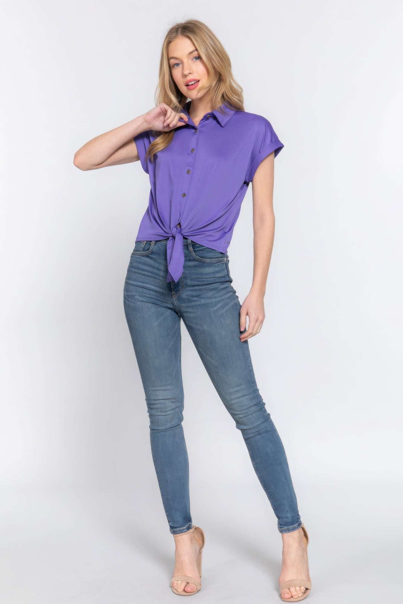 Short Slv Front Tie Stretch Ity  Top - Pikemla