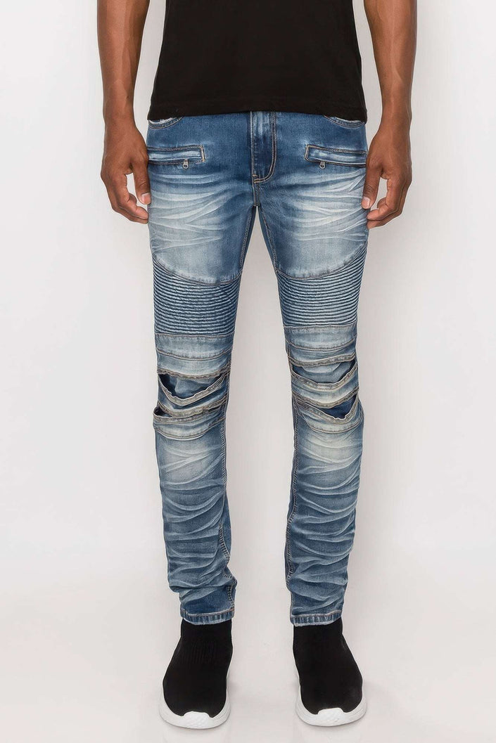 Men Creased Biker Denim Jeans - Pikemla