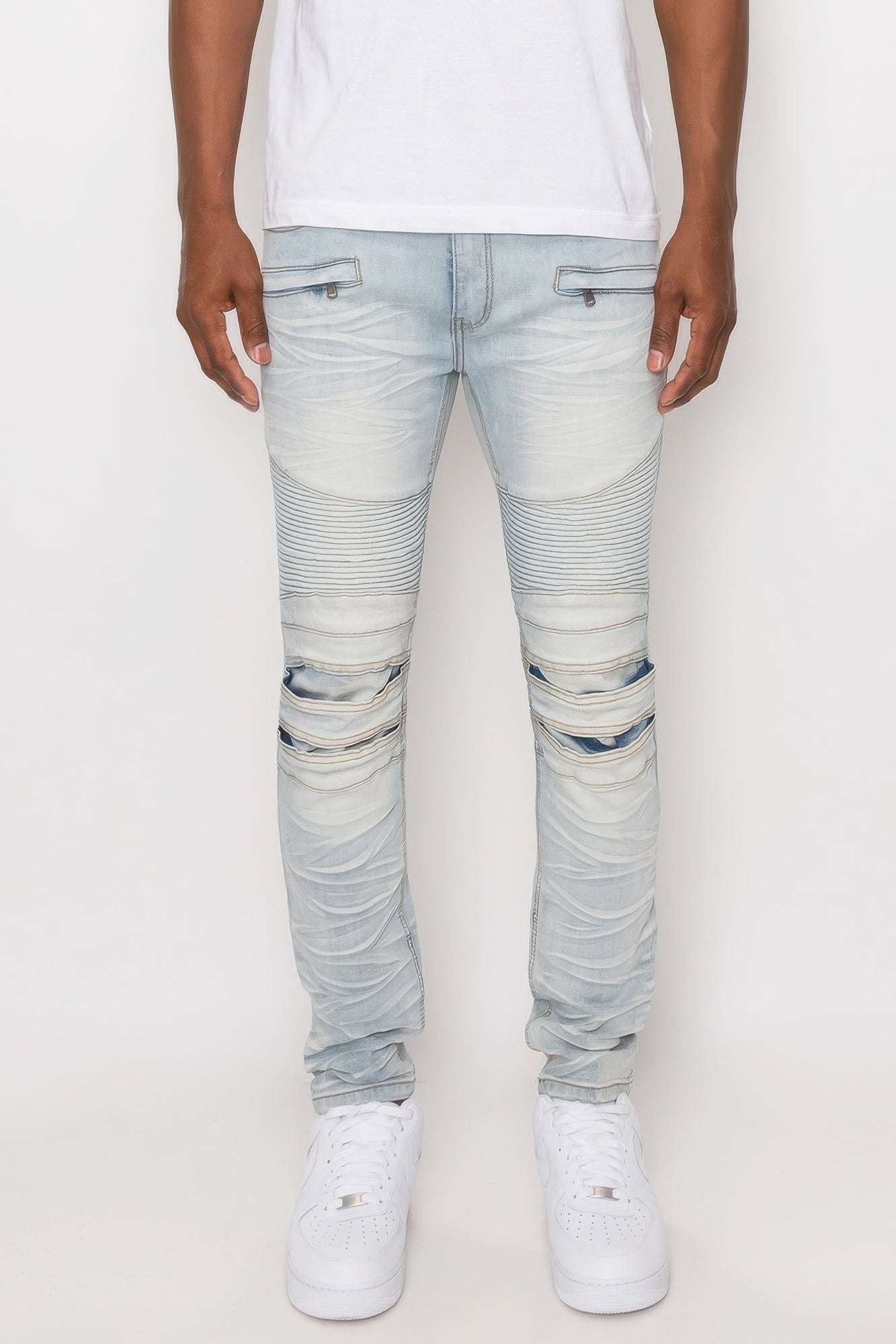 Men Creased Biker Denim Jeans - Pikemla