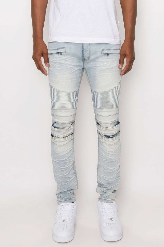 Men Creased Biker Denim Jeans - Pikemla