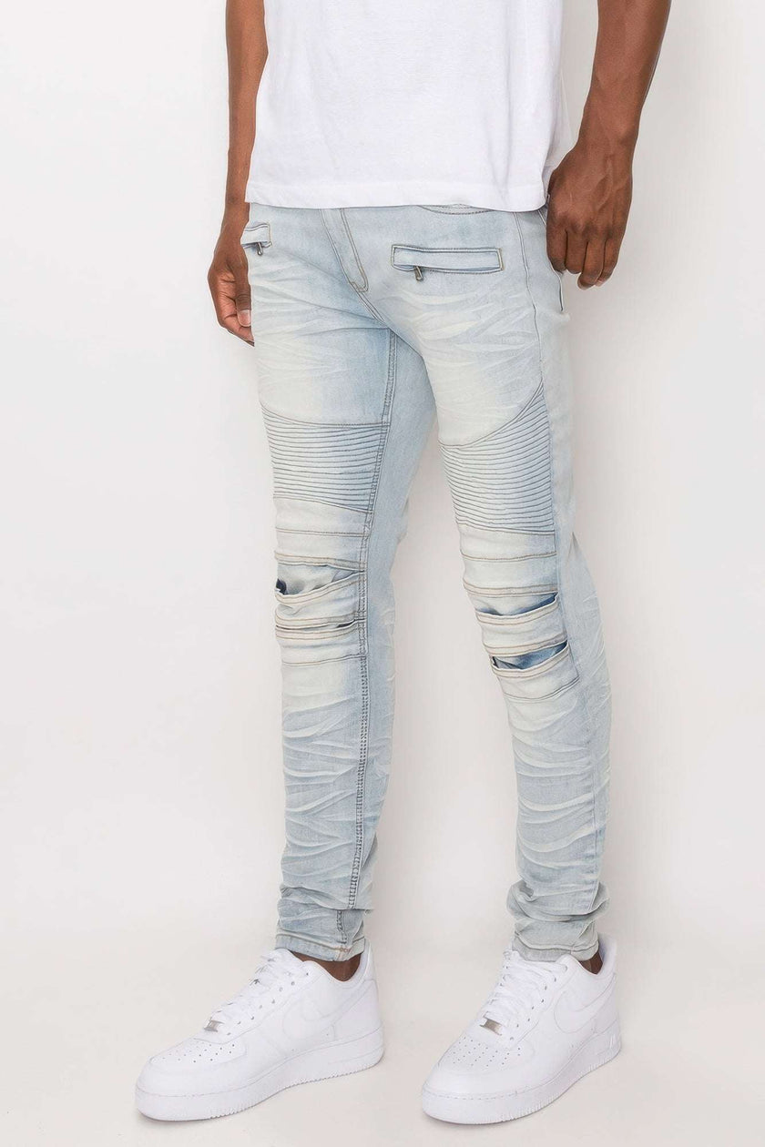 Men Creased Biker Denim Jeans - Pikemla