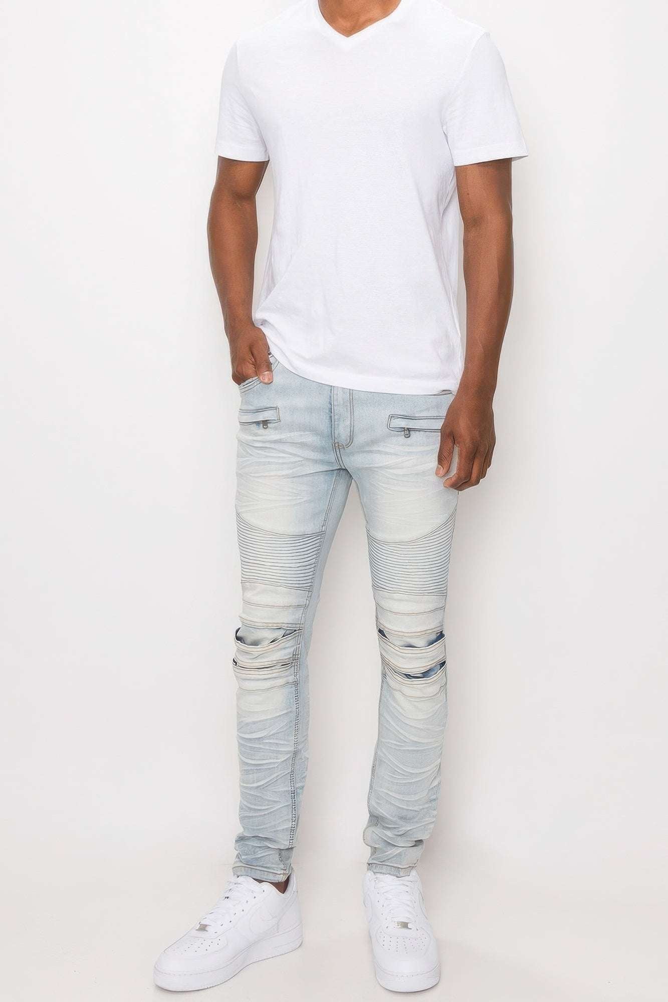 Men Creased Biker Denim Jeans - Pikemla