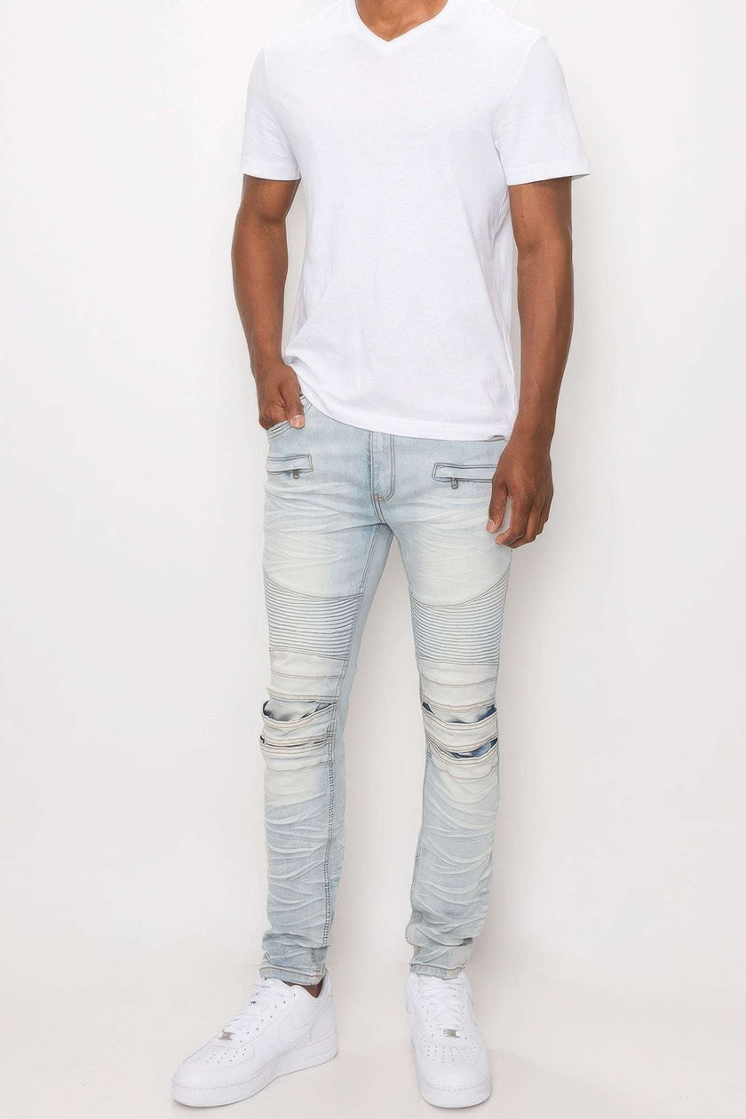 Men Creased Biker Denim Jeans - Pikemla