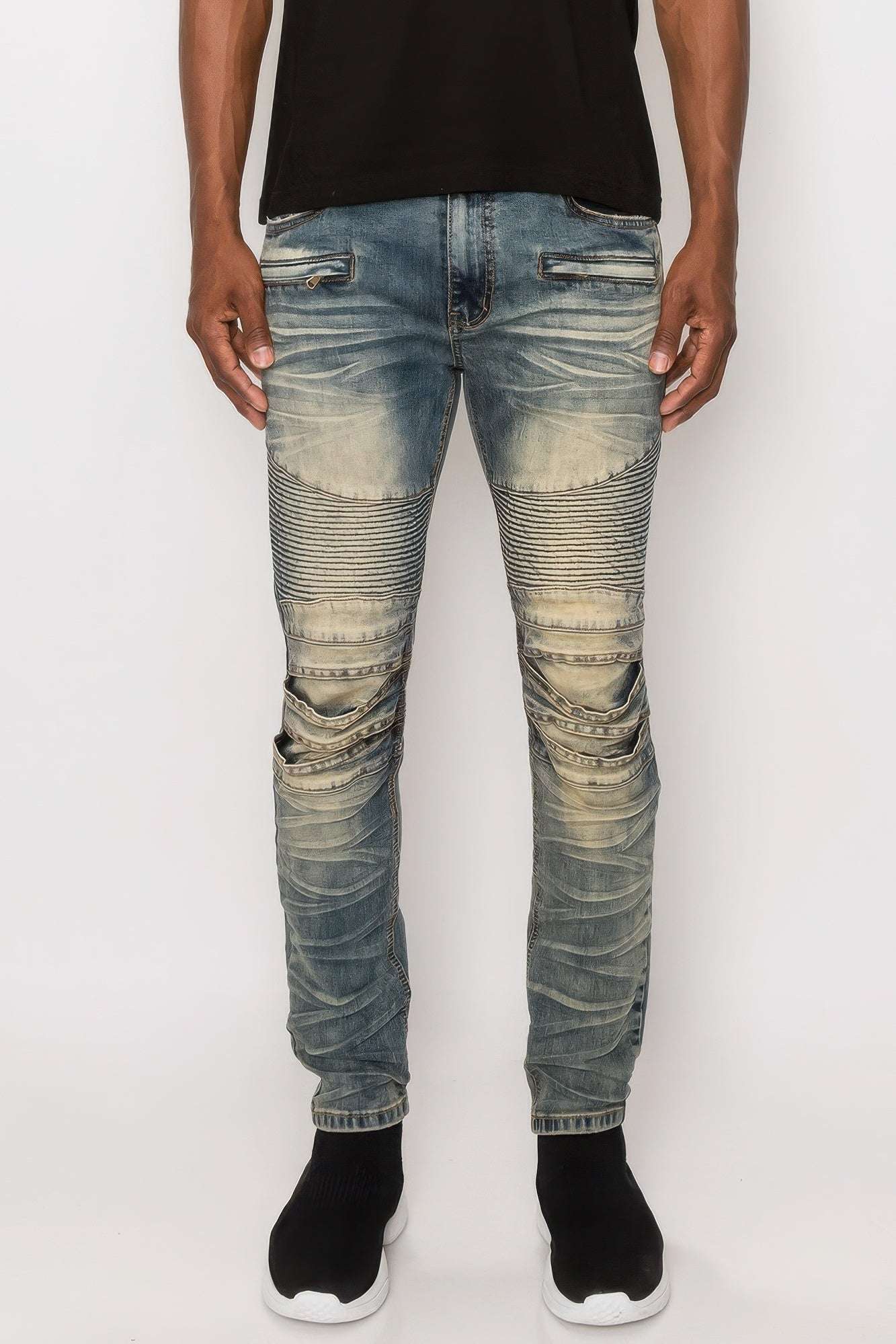 Men Creased Biker Denim Jeans - Pikemla