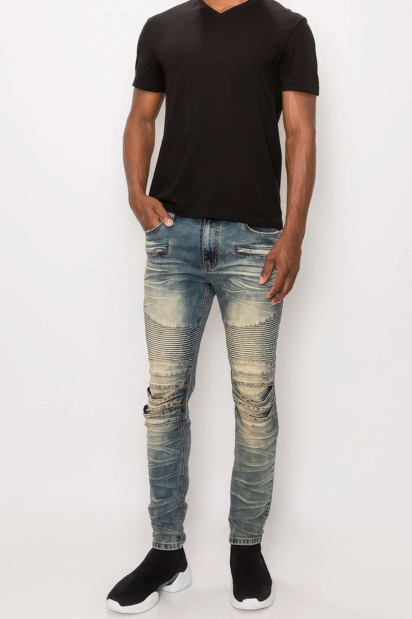Men Creased Biker Denim Jeans - Pikemla