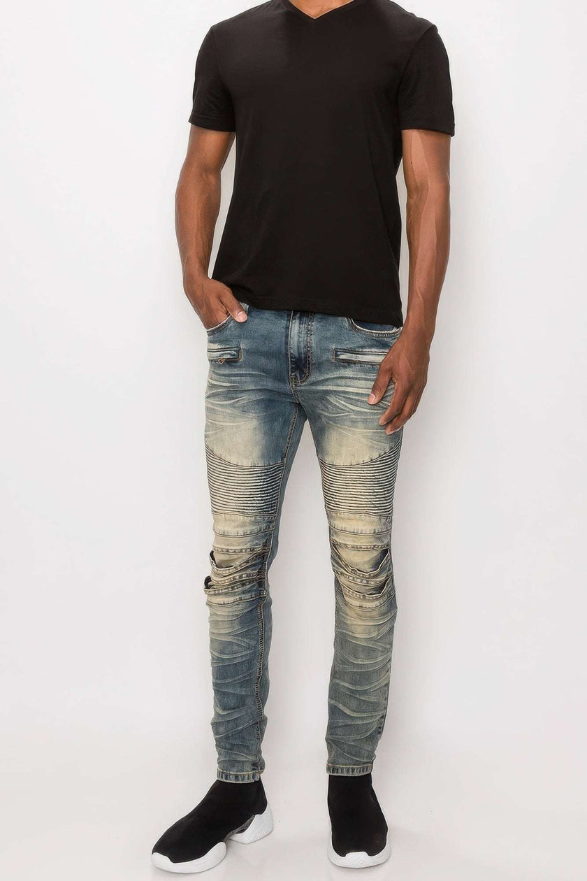 Men Creased Biker Denim Jeans - Pikemla