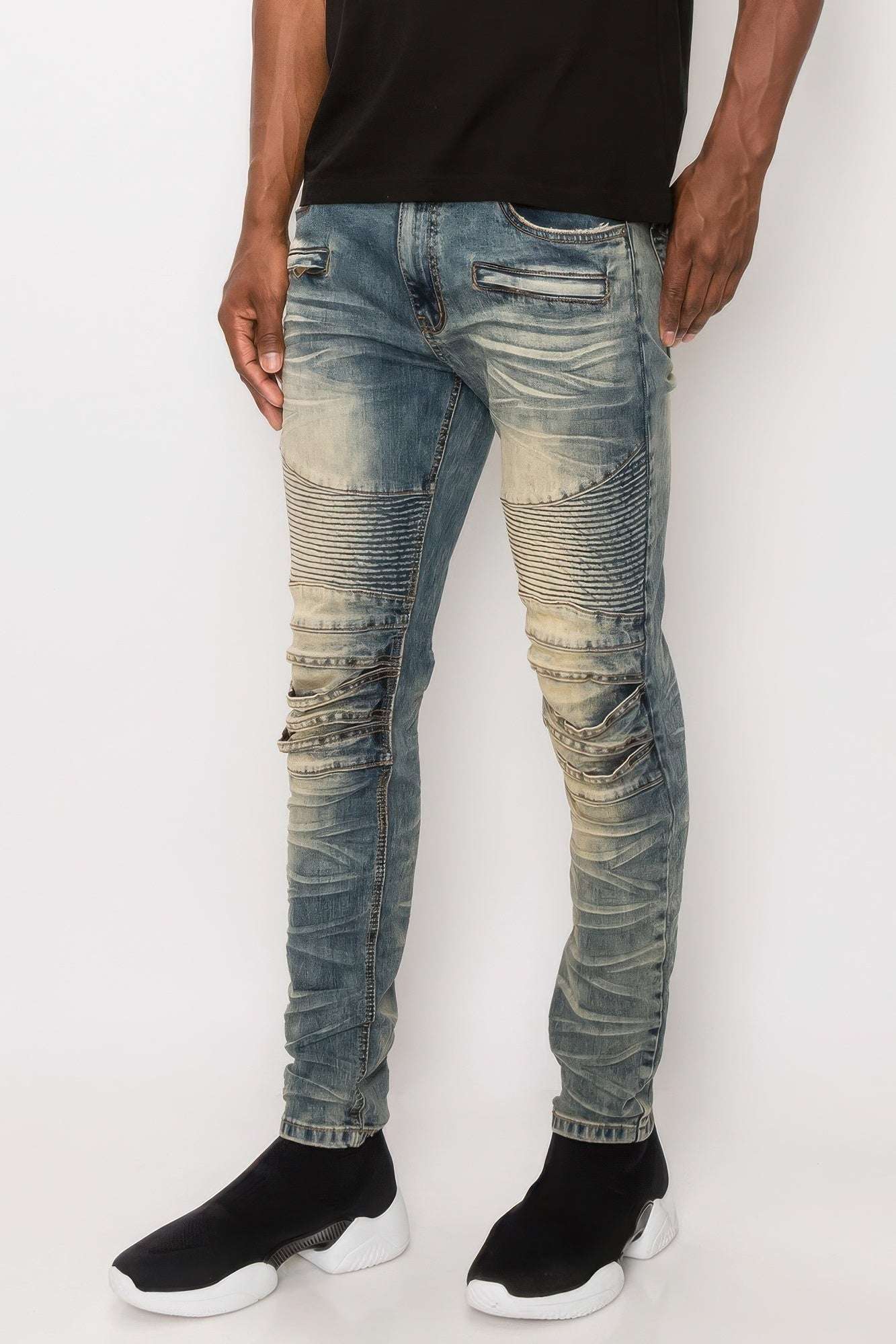 Men Creased Biker Denim Jeans - Pikemla