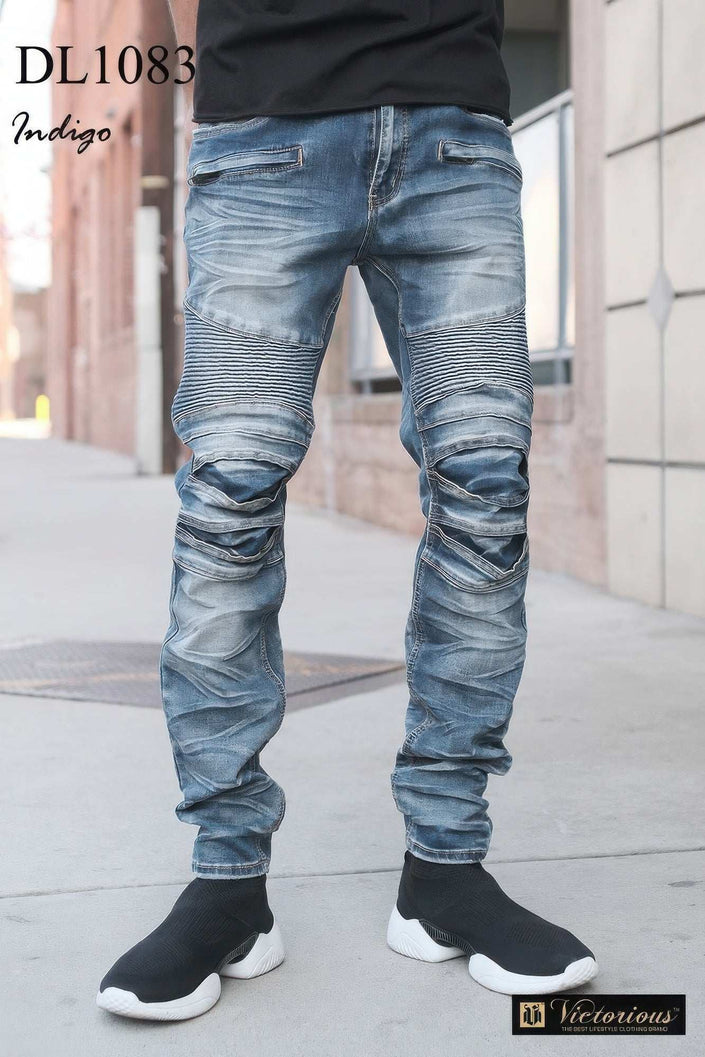 Men Creased Biker Denim Jeans - Pikemla
