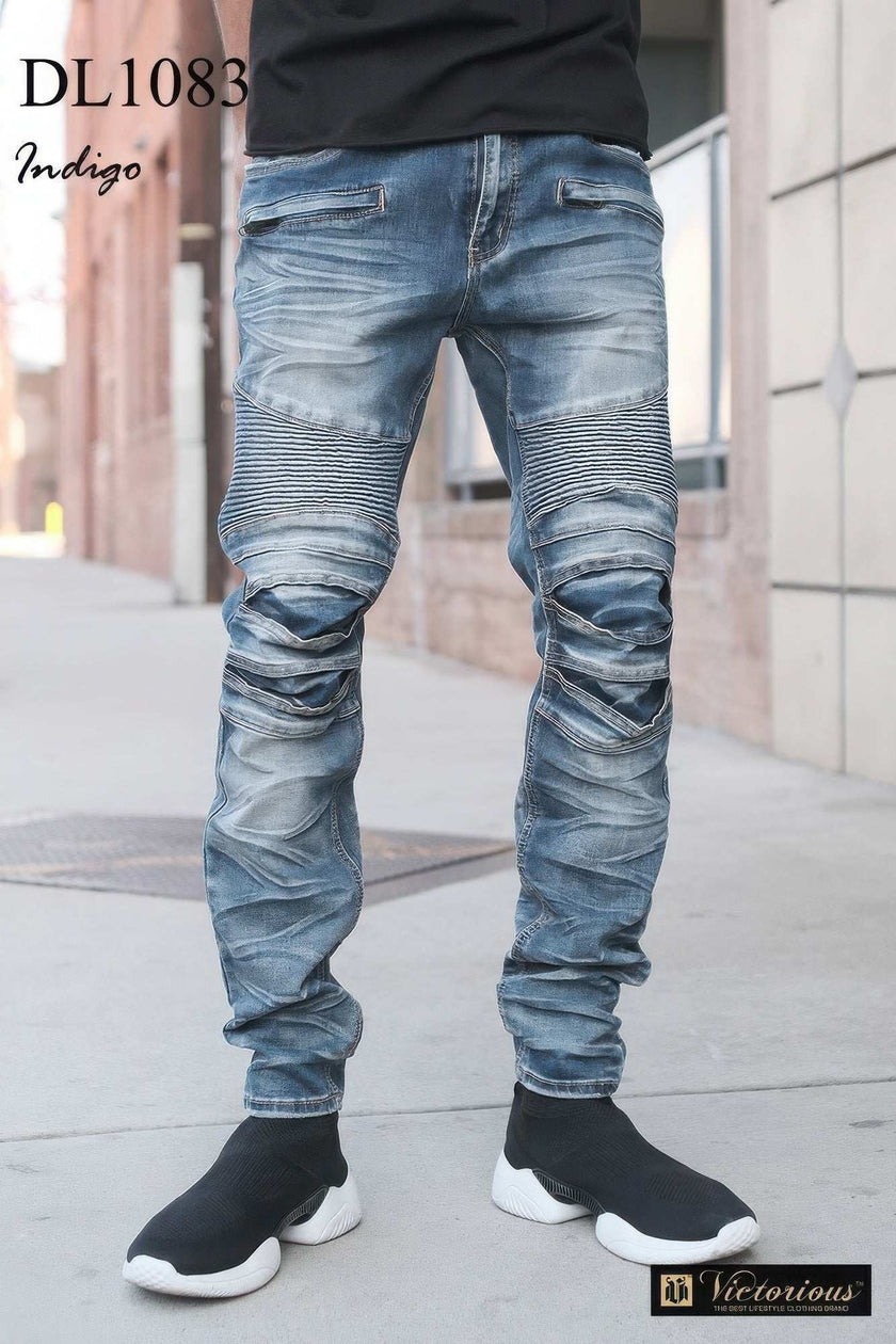 Men Creased Biker Denim Jeans - Pikemla